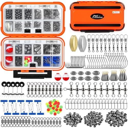PLUSINNO 253pcs Fishing Accessories Kit, Fishing Tackle Box with Tackle Included, Fishing Hooks, Fishing Weights, Spinner Blade, Fishing Gear for...