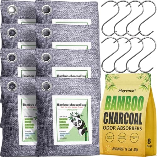 Absorbeur d'odeurs de charbon actif Mayunuo pour odeur forte dans le sous-sol, les voitures, les placards, la fumée, les chaussures. Paquet de 8 sacs purificateurs d'air au charbon de bambou...