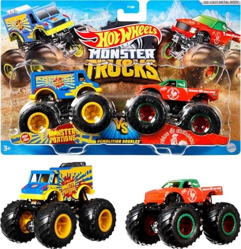 Hot Wheels Monster Trucks 2-Pack, Demolition Doubles Set of 2 Toy Vehicles in 1:64 Scale, for Kids & Collectors (Styles May Vary)