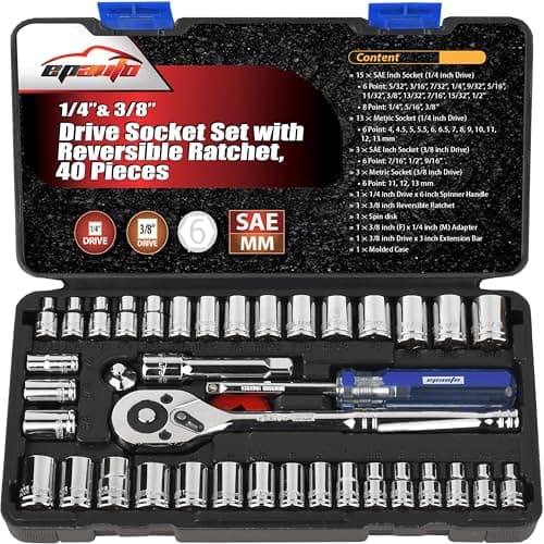 EPAuto 1/4-Inch & 3/8-Inch Drive Socket Set with 72 Teeth Reversible Ratchet, 40 Pieces