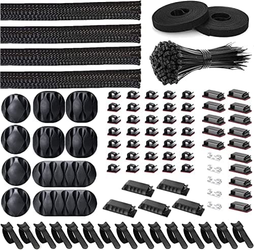 Kits de gestion de câbles 181 pièces, 100 attaches de câble de fixation avec manchon de rangement à 4 fils, 10 pièces et 2 rouleaux d'attaches auto-adhésives, 35 serre-câbles, 10+15...