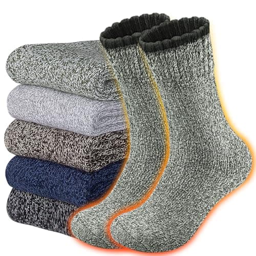 Men's Wool Socks 5 Pack Thermal Socks for Winter Soft Cozy Crew Socks for Hiking Camping Hunting Autumn Cold Weather Thick Boot Socks Size 12-17