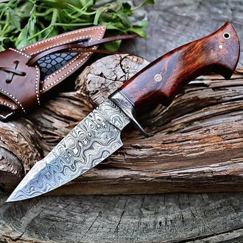 BIGCAT ROAR Predator Hunter - Patented Handmade Damascus Steel Fixed Blade Knife 10" - Walnut Wood Handle & Leather Sheath - Bushcraft Outdoor...