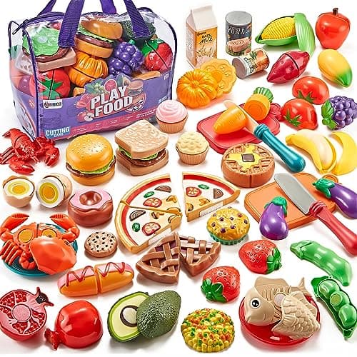 LAUGIGLE Pretend Play Food for Kids Kitchen, 78Pc Cutting Toy Food with Storage Bag