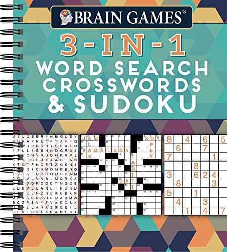 Brain Games - Livre de puzzles 3 en 1 : recherche de mots, mots croisés et sudoku | 256 pages, reliure spirale | Livre d'activités très varié pour adultes, seniors et adolescents