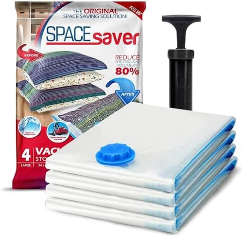 Sacs de rangement sous vide Spacesaver, 80 % de stockage en plus, pompe manuelle pour le voyage, fermeture à double fermeture éclair et valve à triple étanchéité, sacs sous vide pour couettes,...