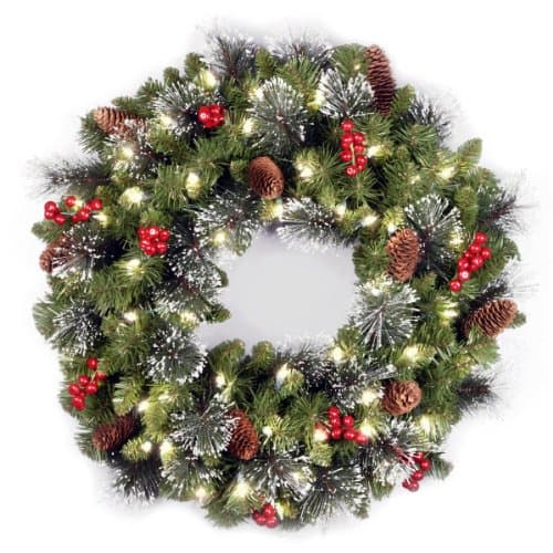 National Tree Company 24 in Pre-Lit Crestwood Spruce Artificial Christmas Wreath, Christmas Decoration with Glitter, Pinecones, Red Berries, 50...