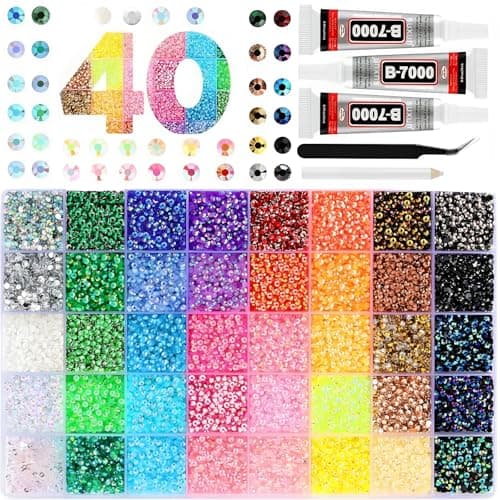 CyanHall Kit éblouissant avec 40 couleurs, 32 000 pièces de strass à dos plat de 3 mm, pierres précieuses en résine pour éblouissant, kit de strass avec colle B7000 pour ongles...