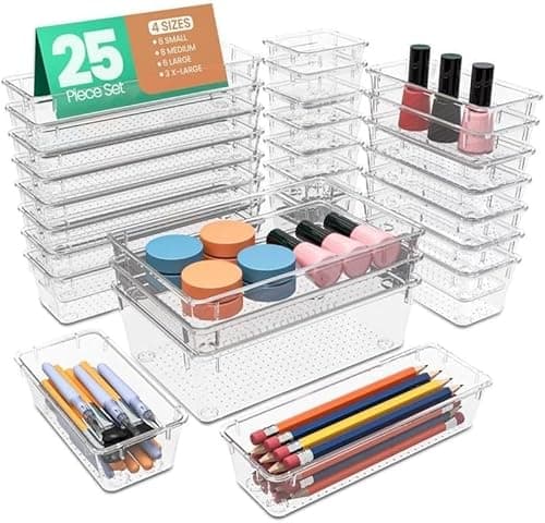 KICHLY Paquet de 25 organisateurs de fournitures de bureau en plastique transparent, organisateur de tiroir de bureau de 4 tailles pour fournitures de bureau, organisateurs de vanité, maquillage, gadgets et...