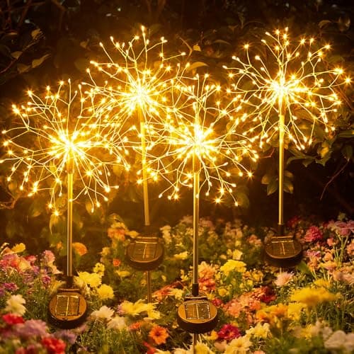 INMKALI Solar Garden Lights Outdoor Yard Decorations, 4 Pack 150Leds Pathway Light, Fairy Firework Stake Lights for Garden, Patio, Pathway,...