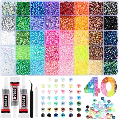 Zefy 40 couleurs de strass en résine pour éblouissant, 4 mm 32 000 pierres précieuses à dos plat pour l'artisanat, kit éblouissant avec 3 pièces de colle B7000 pour vêtements...