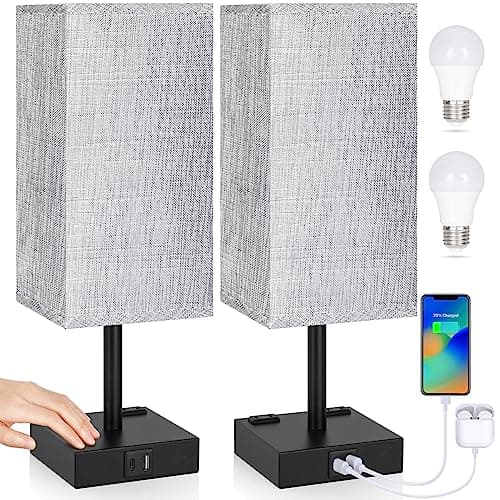 Ensemble de 2 lampes de table à commande tactile - Lampe de table de chevet pour chambre à coucher avec ports de charge USB C+A et prises secteur, lampe de chevet à intensité variable à 3 voies, abat-jour gris...