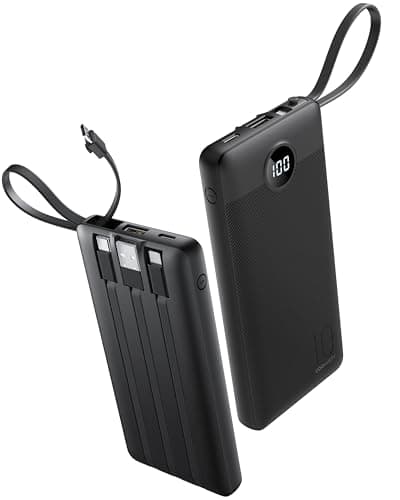 Coowisty 10000mAh Portable Charger with Built in Cables, USB C Battery Pack, Light Power Bank 5 Outputs 2 Inputs LED Display External Battery Bank...