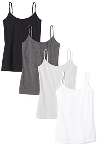 Amazon Essentials Women's 4-Pack Slim-Fit Camisole, Black/White/Charcoal Heather/Light Grey Heather, Large