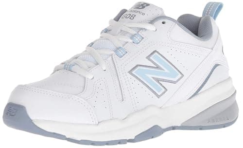 New Balance Women's 608 V5 Casual Comfort Cross Trainer, White/Light Blue, 9 M US