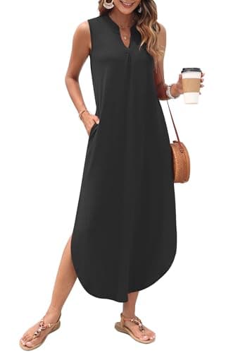 WNEEDU Women Summer Dress Maxi Casual Loose Beach Sundresses V Neck Sleeveless Dresses with Pockets, Black M