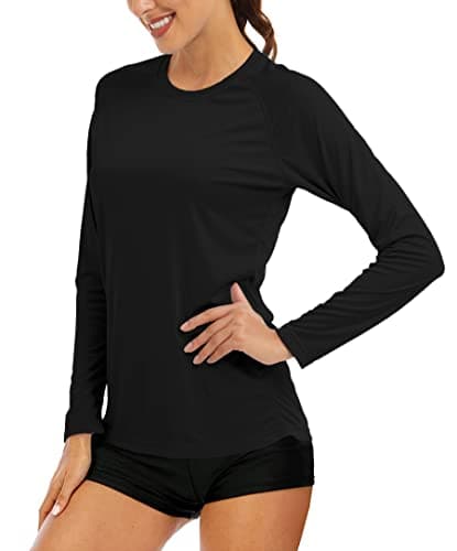 MAGCOMSEN Rash Guard Women Long Sleeve Swim Shirts for Women UV Protection Shirts Fishing Shirts Hiking Tops Moisture Wicking Black