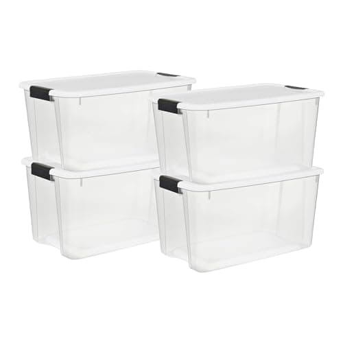 Sterilite Lot de 4 boîtes de rangement empilables avec couvercle, récipient en plastique avec loquets robustes pour organiser, couvercle transparent et blanc, 70 Qt