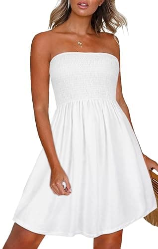 CHICALLURE Summer Dresses for Women Beach Casual Sundress Strapless Off Shoulder Cover Ups (Solid White, L)