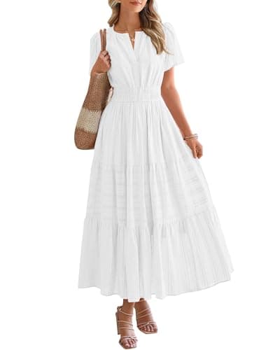 BTFBM Summer Dress for Women 2026 Maxi Dress Lightweight Short Sleeve V Neck Elastic Waist Boho Beach Spring Dresses(White, Large)