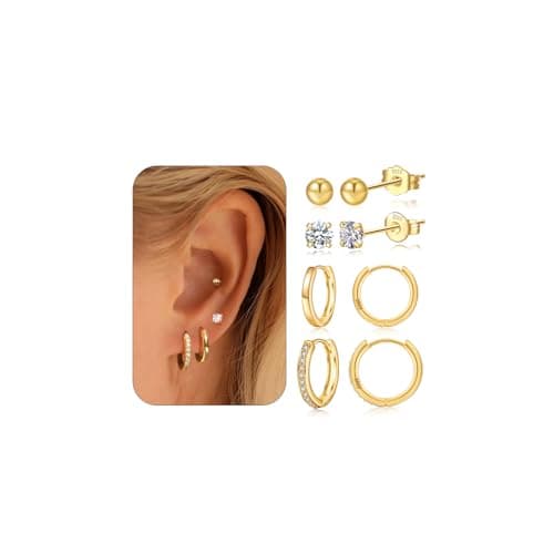 JEMARA Small Gold Hoop Earrings For Women Hypoallergenic 14K Gold Plated Cubic Zirconia Pearl Stud Huggie Cartilage Earring Sets for Multiple...