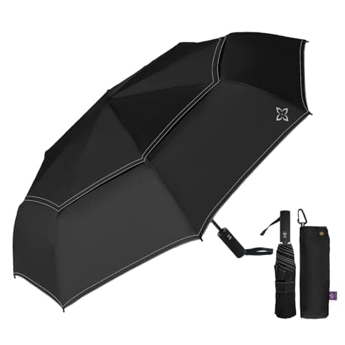 LILAC Windproof Travel Umbrella - Double Layer Vented Canopy for 8-Level Wind Resistance, 210T Compact Automatic Umbrella for Rain, Long Handle...