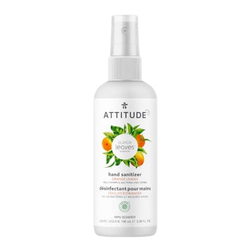 ATTITUDE Hand Sanitizer Spray for Adults and Kids, Made in Canada, EWG Verified, Kills Bacteria and Germs, Vegan, Orange Leaves, 100 mL (Spray Bottle)