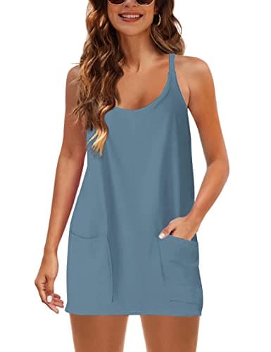 Tanming Robe de tennis athlétique pour femme avec short intégré, col en V, bretelles spaghetti, robe d'été (bleu gris-M)