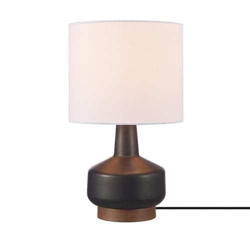 Globe Electric 61000046 15" Ceramic Table Lamp, Matte Black, Wood Toned Base, White Linen Shade, On/Off Rotary Switch on Socket, Living Room, Home...