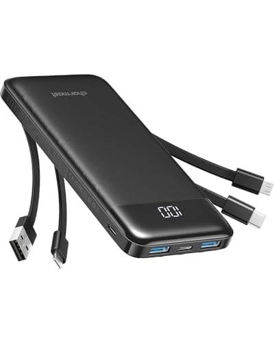 Charmast Power Bank with Built in Cables, 10000mAh USB C Battery Pack 6 Outputs 2 Inputs with LED Display Type C Powerbank Portable Charger...