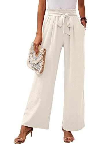 Heymoments Pantalon large pour femme Casual Lightweiht Taille réglable avec nœud papillon ample confortable décontracté blanc grand pantalon avec poches