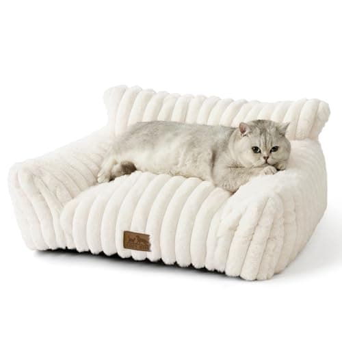 COZY KISS Cat Beds for Indoor Cats, Fluffy Cat Couch and Premium Faux Rabbit Fur Sofa Bed for Cats and Small Dogs, Ultra-Soft Supportive Pet Couch...