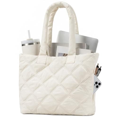 Tote Bag for Women, Puffer Women Tote Bag with Zipper, Quilted Work Bag Shoulder Bag Handbags Large Purse for Casual (Beige-medium)