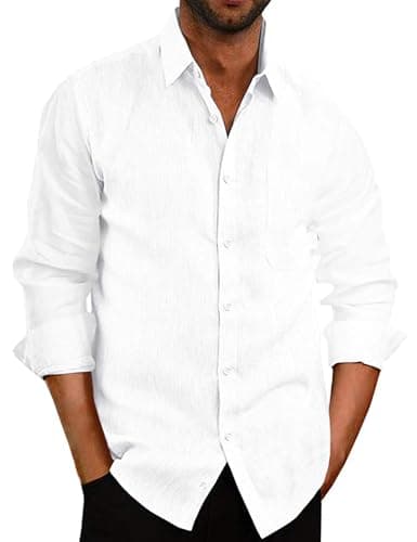 Jhsnjnr Chemises boutonnées pour hommes Chemise décontractée à manches longues en lin Hauts de plage en coton Col écarté Chemise unie Blanc