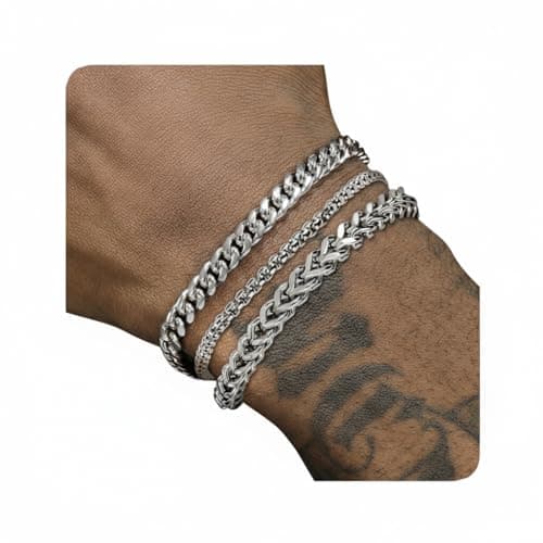 DAYANEY Mens Bracelet 9.0 Inches Silver Cuban, Franco Set Fathers Day Present for Dad Waterproof Stainless Steel Jewelry, Adjustable Bracelets for...