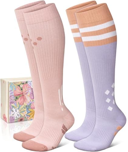 2 Pairs Cotton Compression Socks for Women&Men 15-20mmHg Knee High Cute Support Sock for Nurses, Running, Travel