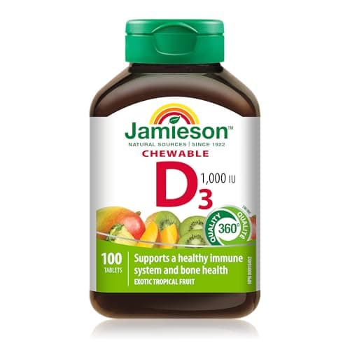 Jamieson Chewable Vitamin D3 1,000 IU, 100 Tablets, Exotic Tropical Fruit Flavour. Supports Immune Health, Strong Bones. Vegetarian, Non-GMO, No...