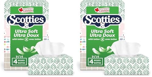 Scotties Ultra Soft with Lotion, 3-Ply Tissue Infused with Aloe & Vitamin E, Hypoallergenic and Dermatologist Tested, 4 Boxes, 104 Tissues Per Box...