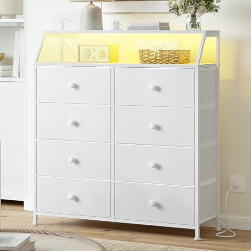 REAHOME Commode pour chambre à coucher avec 8 tiroirs, commode haute blanche avec étagère, plateau en bois 2 pièces, grande unité de rangement pour placard,...