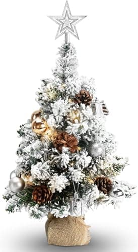 24 Inch 60CM Snowy Mini Christmas Tree, Small Tabletop Flocked Tree with LED Lights, Pine Cones, Balls, Star Tree Topper, Mini Gift Box and Cloth...