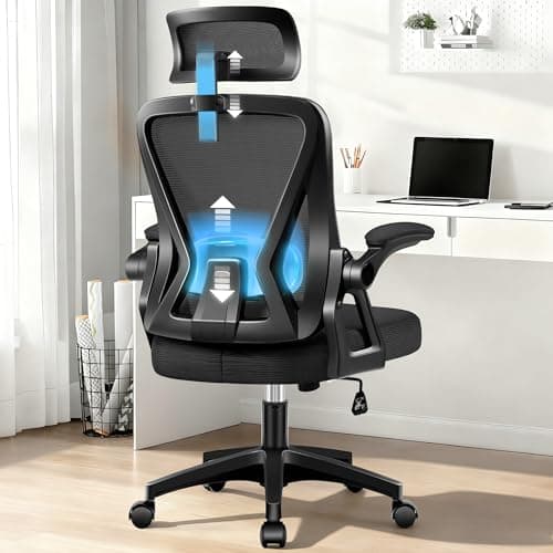 Chaise de bureau ergonomique, chaise de bureau à dossier haut avec appui-tête rabattable en maille et chaise de travail d'ordinateur pivotante et roulante, soutien lombaire confortable...