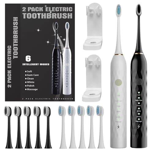 MAXWISDOM Electric Toothbrush 2 Pack - Electric Toothbrush for Adults with 12 Replacement Brush Heads, 2 Toothbrush Holders, 6 Modes (Black & White)