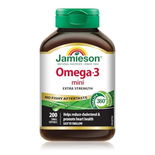 Jamieson Omega-3 Mini Softgels, No Fishy Aftertaste, Improves Heart Health, and Supports Brain Health. With 210 mg EPA and 140 mg DHA, No Burpback,...