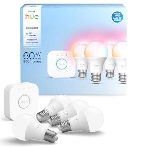 Philips Hue Essential Starter Kit: Bridge + 4 Essential E26 Smart Bulbs, White and Color Ambiance, 2200K-6500K, Dimmable, Works with Alexa, Google...