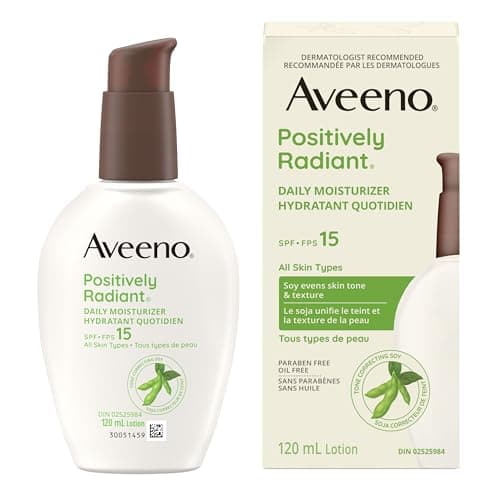 Aveeno Positively Radiant Daily Moisturizer SPF 15 - Face Lotion with Soy Formula for Dry Skin, Hypoallergenic & Oil-Free Lotion, Evens Tone &...