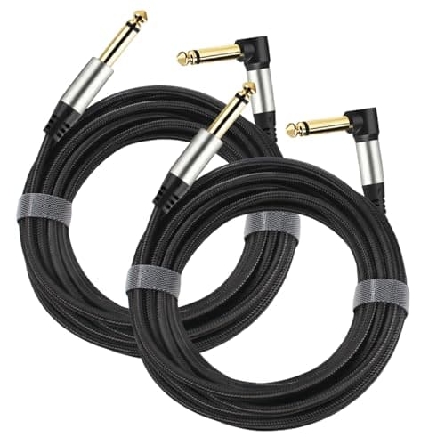 Adoerpai 2-Pack Guitar Cables 1/4 Inch 6.35mm Male to Male Jack Right Angle to Straight Nylon Braided TS Mono Instrument Cable (Pack of 2-16FT)