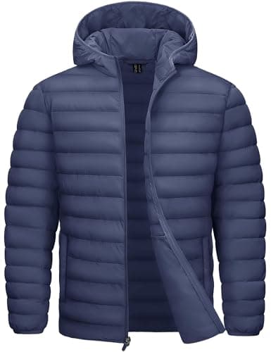 TACVASEN Men'S Warm Jacket With Hood Packable Recycled Jackets Lightweight Jacket Hooded Down Puffer Windproof Puffy Jackets