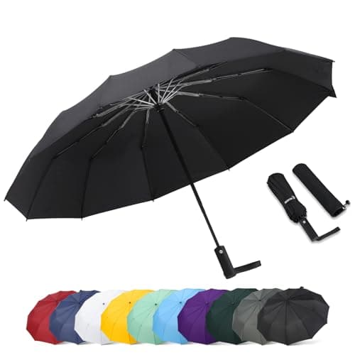 46 Inch Large Automatic Travel Umbrella, 12 Ribs Windproof Design, Heavy Duty Strong 210T Pongee Fabric Folding Umbrella with Sleeve, Black