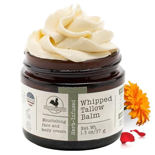 Hearth & Homestead Whipped Beef Tallow for Skin & Face – 100% Grass Fed, Eczema Cream & Body Butter – Organic Olive Oil, Calendula & Rose – Lotion...