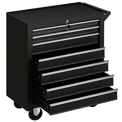 HOMCOM 7 Drawer Roller Tool Chest, Mobile Lockable Toolbox, Storage Organizer with Handle for Workshop Mechanics Garage, Black